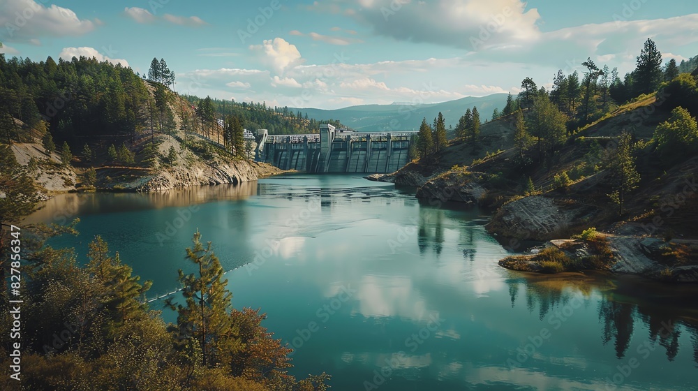 Obraz premium Golden hour at the dam: a serene flow of water under the setting sun. 