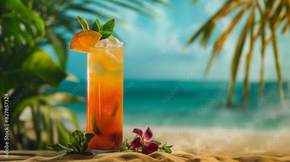 Vibrant cocktail on the beach with copy space background Vibrant cocktail on the beach with copy space background