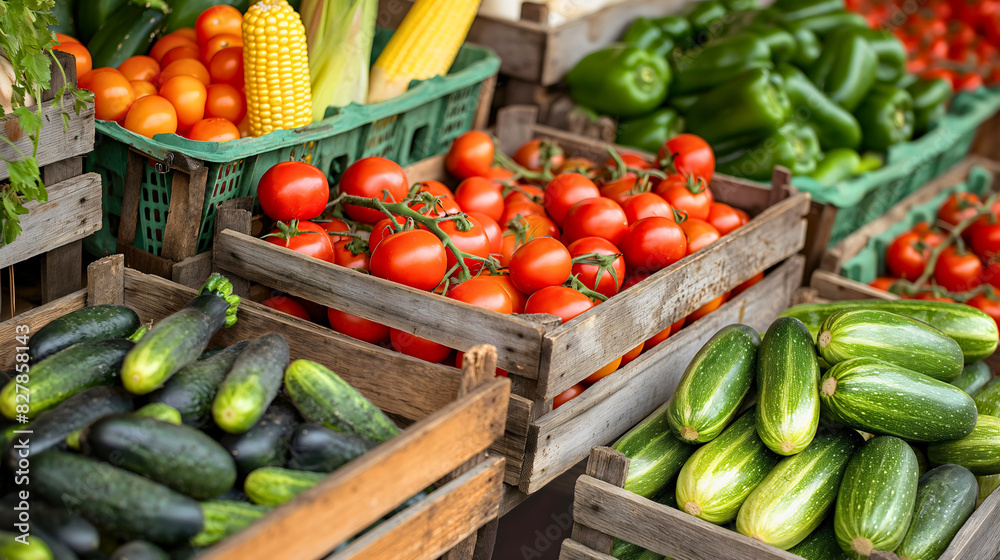 Red ripe tomato, green cucumber and yellow corn vegetables on the city street marketplace. Organic and healthy supermarket, agriculture variety of raw products sale on stand, local business Red ripe tomato, green cucumber and yellow corn vegetables on the city street marketplace. Organic and healthy supermarket, agriculture variety of raw products sale on stand, local business