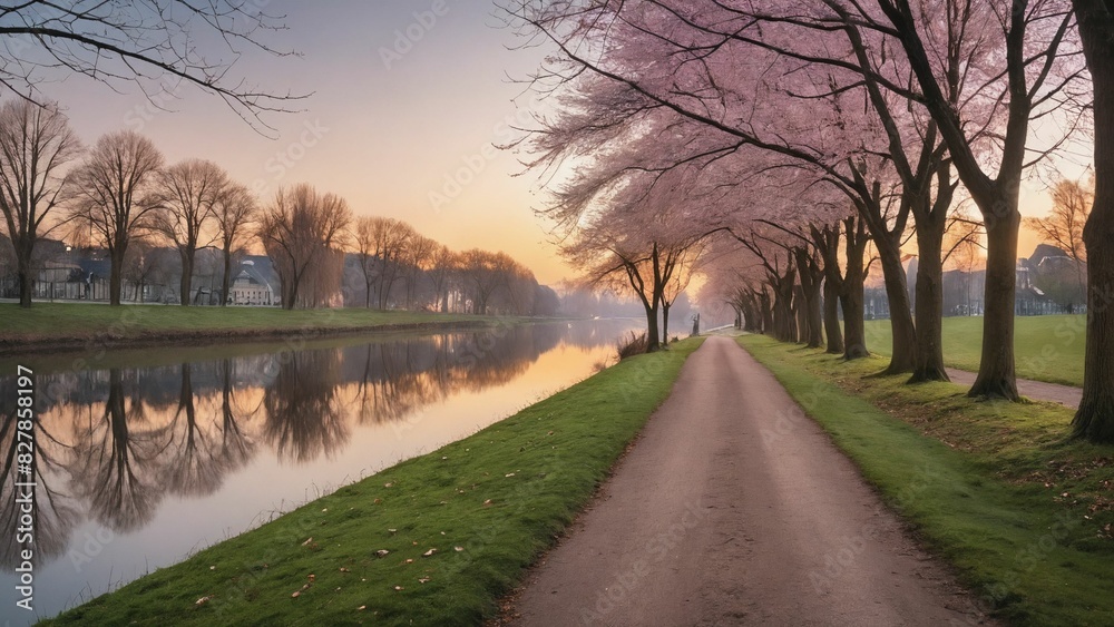 A serene riverside pathway lined with blossoming pink cherry trees during a beautiful early morning sunrise in a peaceful park setting.