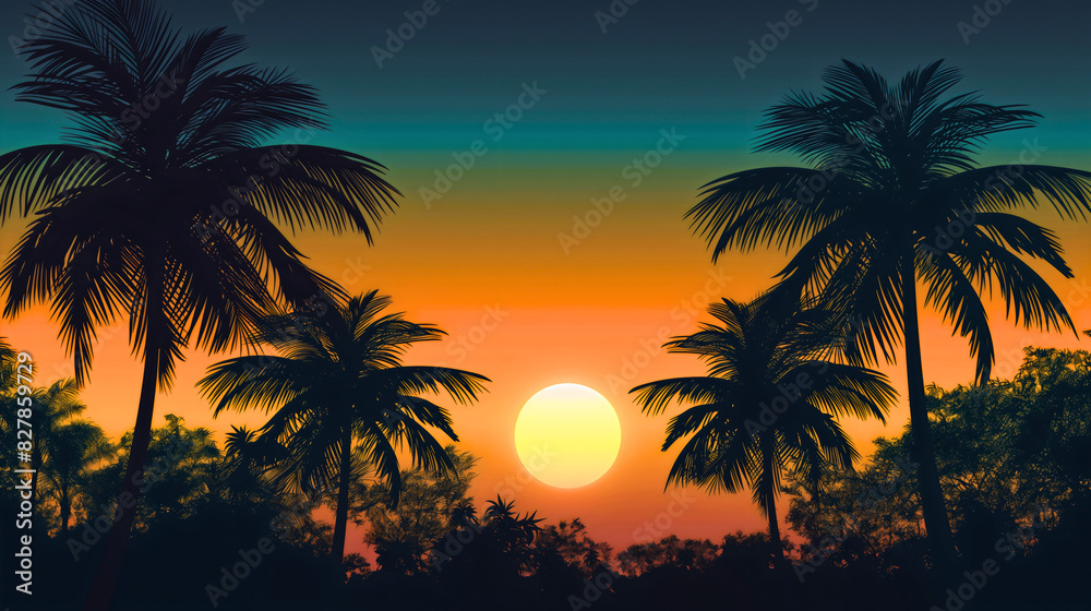 Silhouette of palm trees at orange and green or blue twilight sunset sky background. Tropical summer paradise island, Caribbean Hawaii scenic horizon, exotic holiday