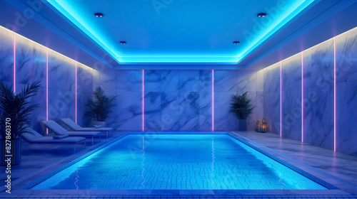 Indoor swimming pool room interior with bright blue neon lights illuminating the clean water inside. Luxury leisure swim and relaxation home spa resort  nobody  house  empty