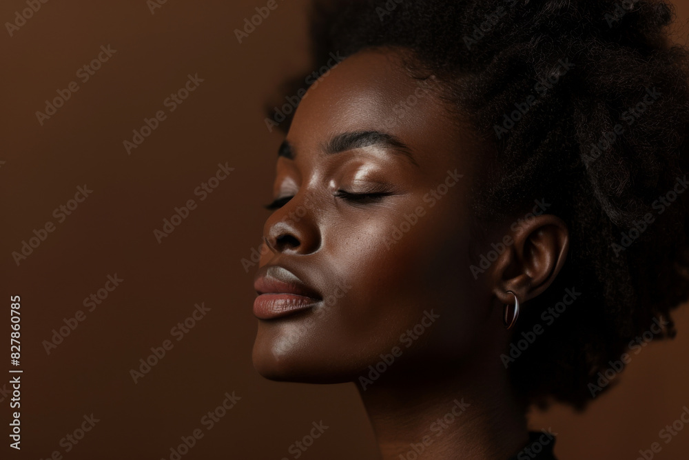 A close up of a black woman's face with her eyes closed looking to a side A close up of a black woman's face with her eyes closed looking to a side