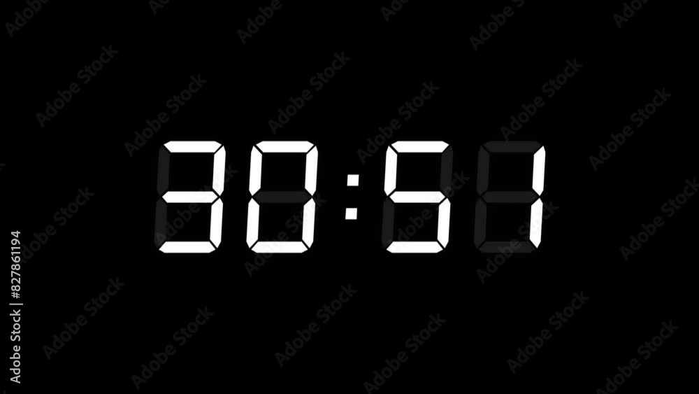 Matte White Digital Countdown Timer Starting at 35:00 (35 seconds) on Black Background, Featuring High-Visibility LED Display. 4K Motion Graphics Matte White Digital Countdown Timer Starting at 35:00 (35 seconds) on Black Background, Featuring High-Visibility LED Display. 4K Motion Graphics