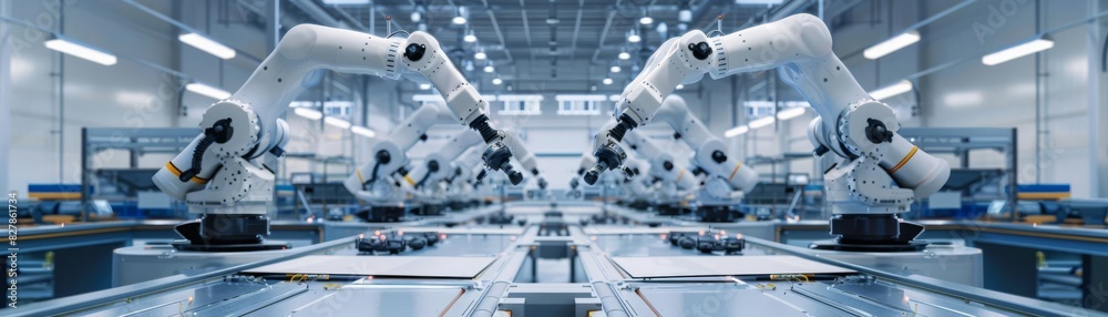 Seamless technology and automation depicted through robotic arms at a workstation, set in a hightech facility with a focus on efficiency and precision Seamless technology and automation depicted through robotic arms at a workstation, set in a hightech facility with a focus on efficiency and precision