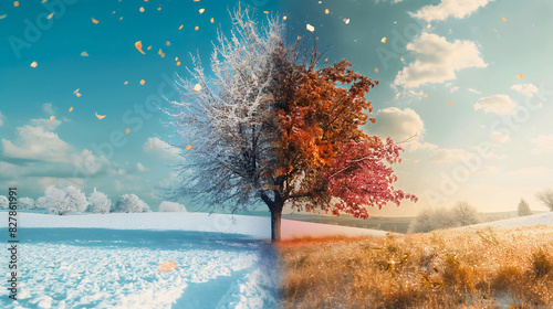 One tree winter vs autumn fall season difference, split screen illustration with snow falling on one side and orange red yellow leaves on the other. Year time cycle, environment and weather in nature photo
