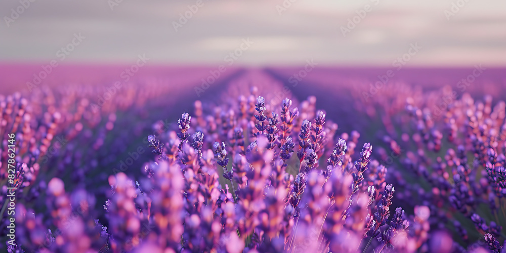 Obraz premium An ethereal lavender field stretches as far as the eye can see, inviting one to escape into a tranquil daydream