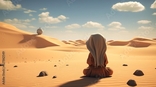 photo of a D character praying in a serene desert landscape