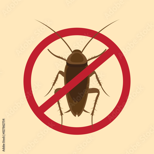 Anti cockroach, pest control. Stop insects sign. Silhouette of cockroach in red forbidding circle, vector illsutration