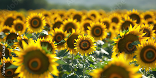 A serene field of sunflowers with their radiant heads swaying rhythmically in harmony, inviting observers to get lost in their warm and vibrant hues, offering a moment of peaceful respite photo