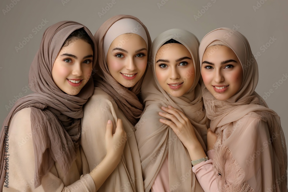 Joyful Muslim Women Friendship Portrait, Hijabi Sisters Smiling Together Joyful Muslim Women Friendship Portrait, Hijabi Sisters Smiling Together