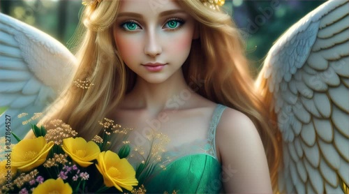花束を持ったゴージャスな美女天使