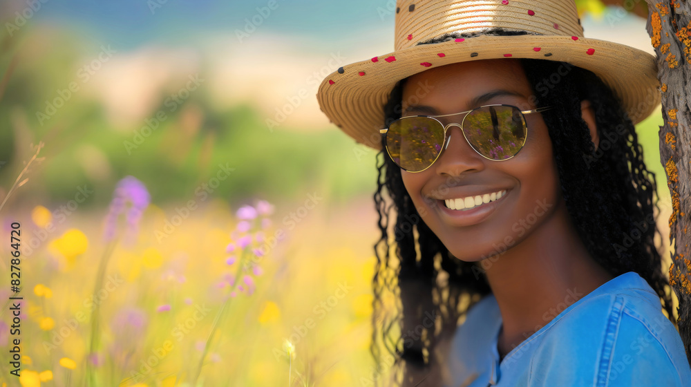 Beautiful young black-skinned African American woman girl wearing blue shirt hat and sunglasses, smiling portrait, standing in sunny summer wildflower field on meadow outdoors under tree, copy space
