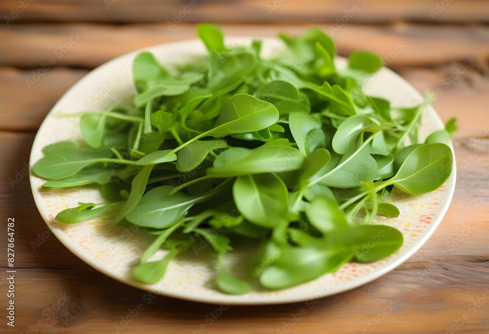 A plate with fresh arugula leaves on a wooden background A plate with fresh arugula leaves on a wooden background