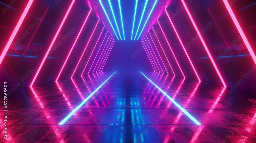 Tunnel with triangular walls and neon glow in blue pink color - 3D rendering. High quality photo Tunnel with triangular walls and neon glow in blue pink color - 3D rendering. High quality photo