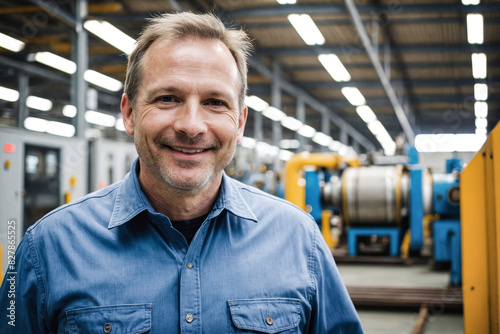 Mechanical Engineer in Manufacturing Plant. A man is smiling in a factory. He is wearing a blue shirt.