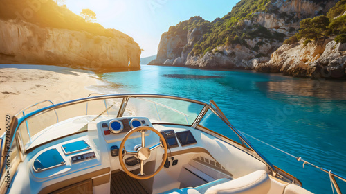 Expensive luxury classic white wooden Italian riva motorboat speedboat on sand beach, sea or ocean water surrounded by cliffs and rocks in summer. Mediterranean rich and wealthy lifestyle transport