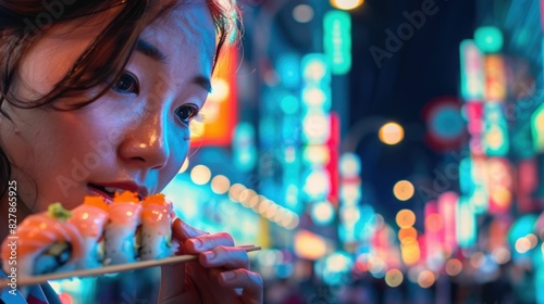 A woman with black hair is holding a tray of sushi, smiling with raised eyebrows and long eyelashes. Her facial expression exudes happiness and cool confidence, enjoying a leisurely and fun moment photo