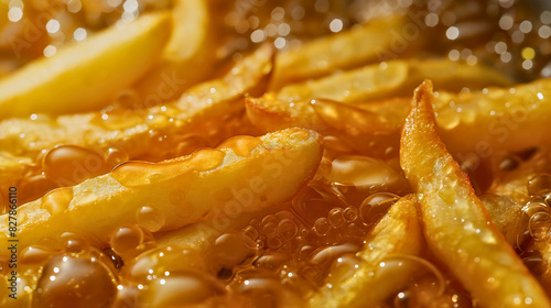 Closeup of french fries fried in deep oil basket  unhealthy American diet  fast junk food  potato frying in fryer  crispy restaurant kitchen meal full of calories  tasty chips  cholesterol