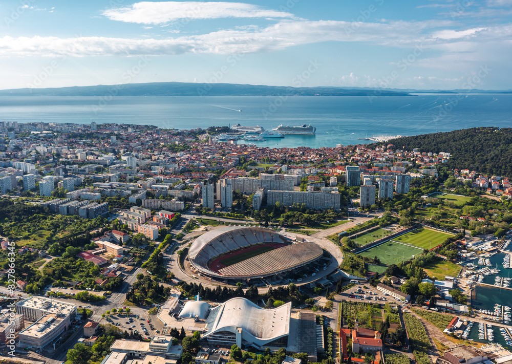 Summer aerial skyline cityscape of Split, Croatia: wide panoramic view