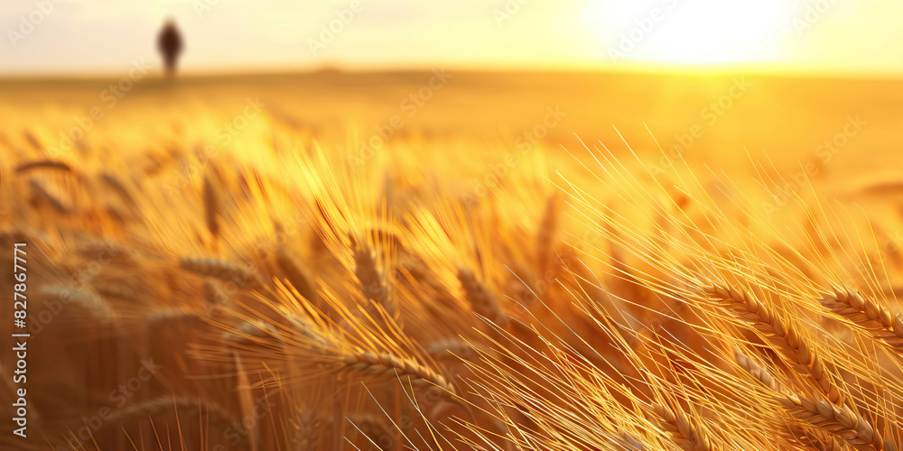 A field of golden wheat sways in the wind, the setting sun casting a warm honey-colored glow over the landscape, making a lone figure in the distance look like they're walking through liquid gold A field of golden wheat sways in the wind, the setting sun casting a warm honey-colored glow over the landscape, making a lone figure in the distance look like they're walking through liquid gold