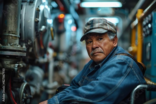 Waist up photo of mature male Hispanic factory worker reflecting on the future, using wheelchair, at the factory exit.