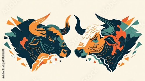 A 2d image featuring two bulls one sporting a sign and the other with a logo centered in a bullfight inspired tattoo design all set against a white background This flat design is perfect fo