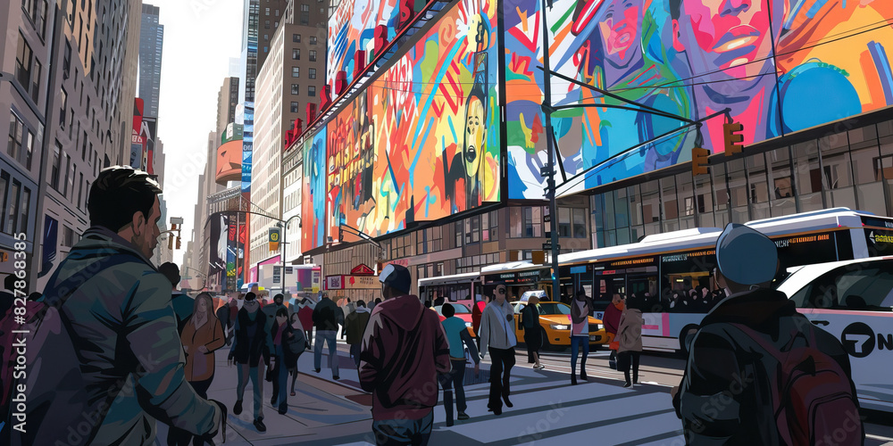 Fototapeta premium A bustling city street with people rushing about their daily routines, their eyes drawn to a colorful mural that stretches up the side of a tall building.