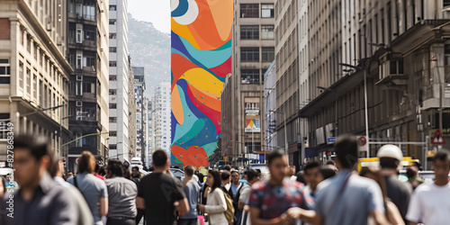 A Lively City Street Bustling with Activity and a Vibrant Mural as its Focal Point