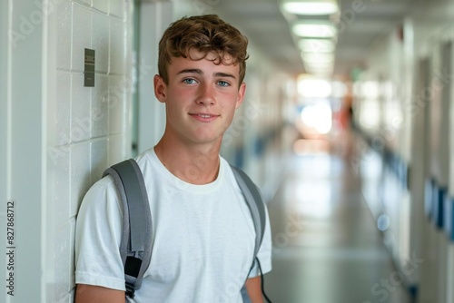 Full body photo of male Caucasian student feeling isolated in hallway at school