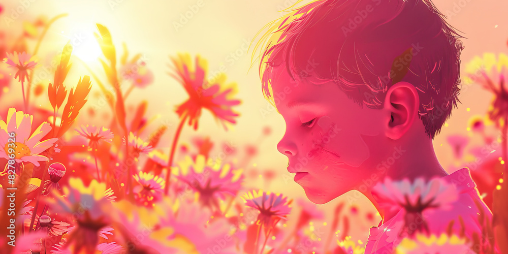 A vibrant pink sunrise bathes a young boy as he plays in a garden filled with daisies and dandelions A vibrant pink sunrise bathes a young boy as he plays in a garden filled with daisies and dandelions