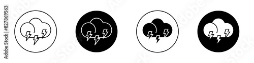 Thunderstorm icon set. lightning thunder vector symbol. cloud with thunderbolt sign in black filled and outlined style.