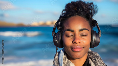 Closeup portrait of beautiful young black African American woman listening to music, wearing headphones, happy, smiling with closed eyes. Copy space, ocean sea summer background, harmony relaxation photo