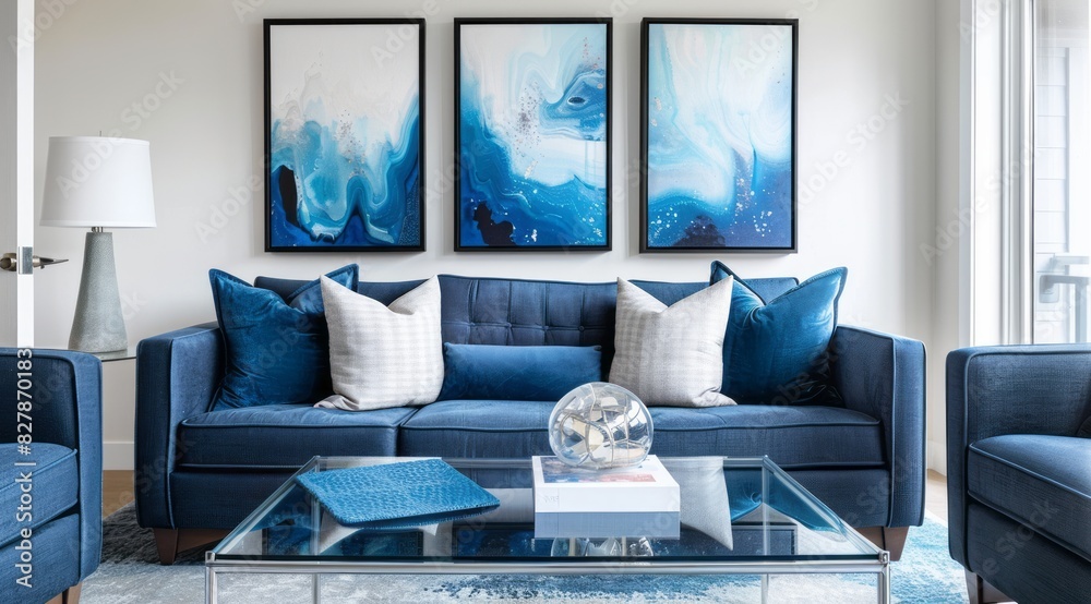 Cozy living room with a modern blue couch, abstract blue paintings, and a glass coffee table with blue coasters Cozy living room with a modern blue couch, abstract blue paintings, and a glass coffee table with blue coasters
