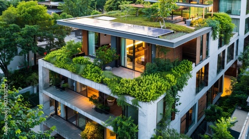 Sustainable architecture. eco-friendly buildings with solar panels and green roofs