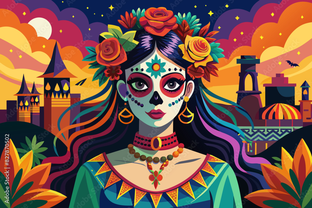 Woman with Day of the Dead makeup on festival. Female with sugar skull face paint and vibrant flowers. Concept of Dia de los Muertos, cultural celebration, festive makeup, Halloween, traditional decor Woman with Day of the Dead makeup on festival. Female with sugar skull face paint and vibrant flowers. Concept of Dia de los Muertos, cultural celebration, festive makeup, Halloween, traditional decor
