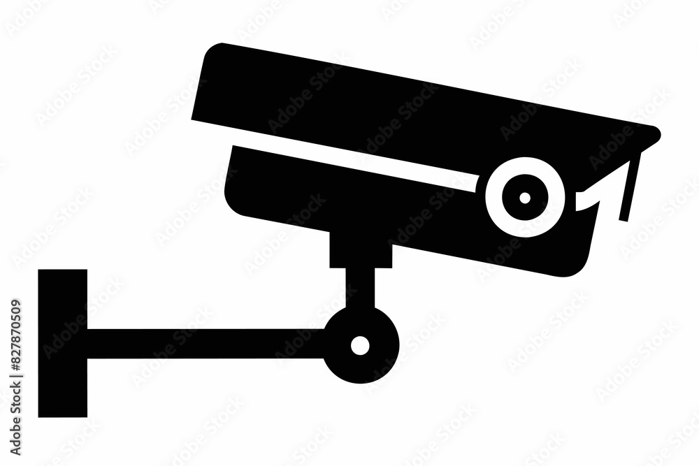 Black silhouette of a security camera isolated on white background. Simple graphic design of surveillance equipment. Concept of security, monitoring, safety. Print, logo, sign, design element