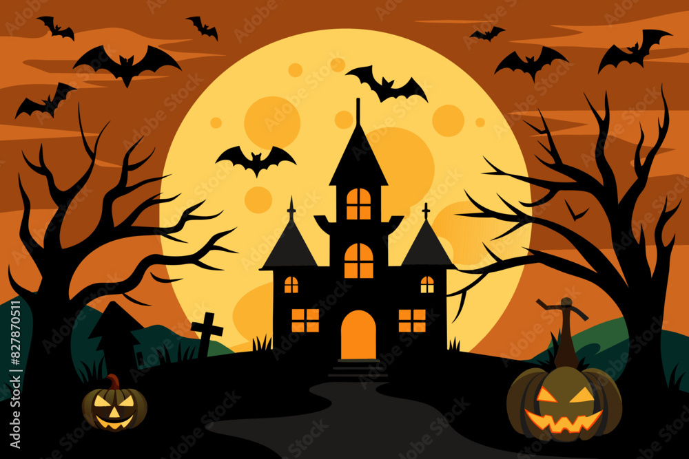 Spooky haunted house with bats and pumpkins on Halloween night. Creepy mansion with jack-o-lanterns and a full moon. Concept of Halloween, haunted house, spooky atmosphere, and night scene Spooky haunted house with bats and pumpkins on Halloween night. Creepy mansion with jack-o-lanterns and a full moon. Concept of Halloween, haunted house, spooky atmosphere, and night scene