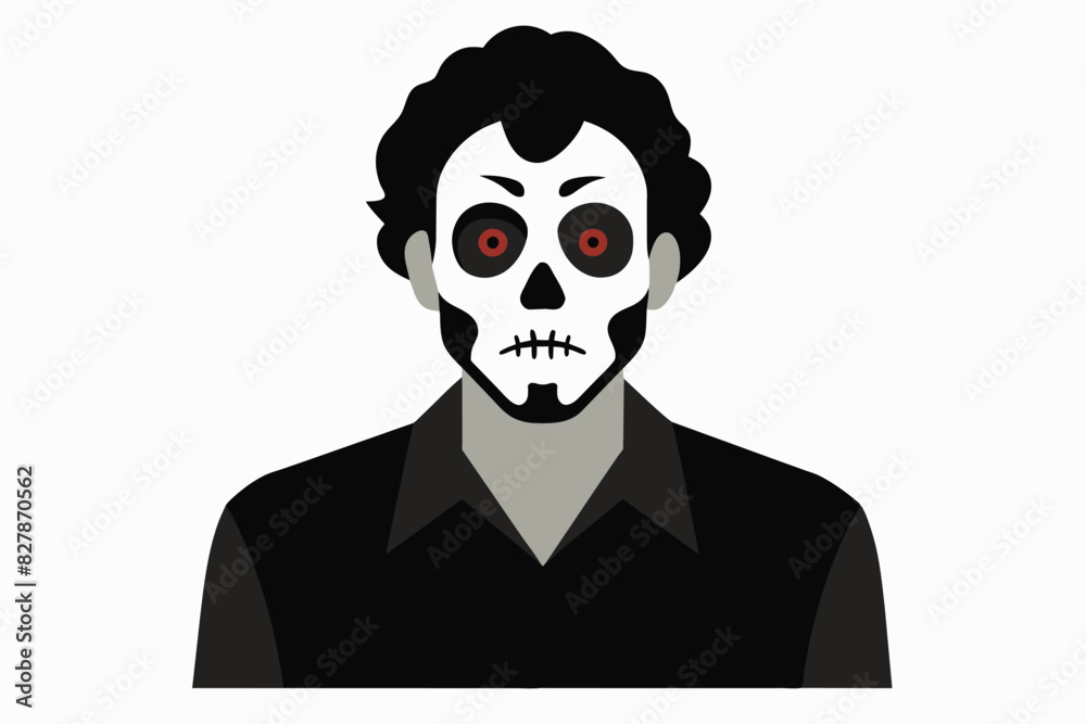 Man with Day of the Dead makeup. Male with sugar skull face paint. Isolated on white backdrop. Concept of Dia de los Muertos, Mexican cultural tradition, festival, celebration, Halloween