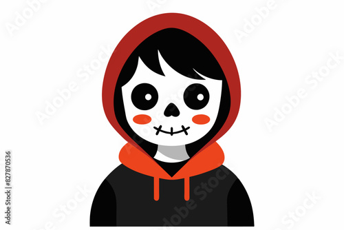 Kid with Day of the Dead makeup. Child with sugar skull face paint. Isolated on white backdrop. Concept of Dia de los Muertos, Mexican cultural tradition, festival, celebration, Halloween