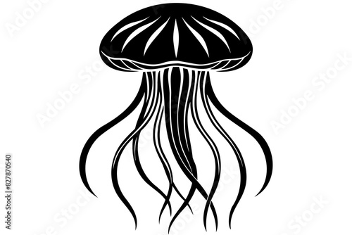 Black silhouette of Jellyfish with flowing tentacles. Oceanic medusa. Concept of ocean animal, sea creature. Graphic illustration. Print, icon, logo, element for design. Isolated on white background