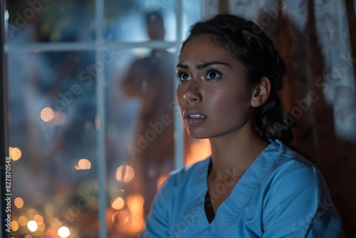 Rear View Photo of a Hispanic nurse glaring out her window at a loud party next door, with a shadowy figure in the background representing the noisy neighbors.
