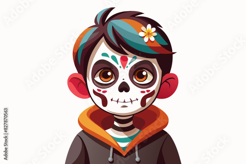 Boy with Day of the Dead makeup. Child with sugar skull face paint. Isolated on white backdrop. Concept of Dia de los Muertos, Mexican cultural tradition, festival, celebration, Halloween