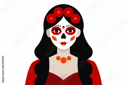 Woman with Day of the Dead makeup and flowers. Female with sugar skull face paint. Isolated on white backdrop. Concept of Dia de los Muertos, cultural tradition, festive makeup, celebration, Halloween