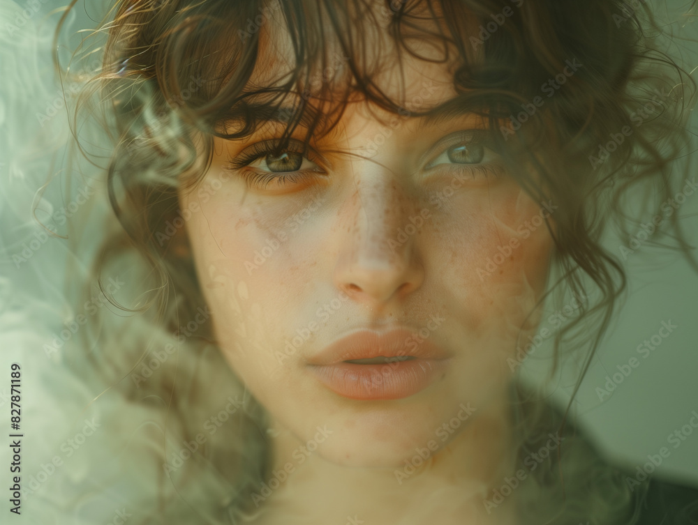 portrait of woman with a showing water droplets on a glass surface with an indistinct figure in the background portrait of woman with a showing water droplets on a glass surface with an indistinct figure in the background
