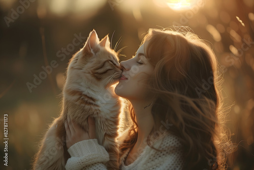 Beautiful young woman with cute cat in park at sunset. Fashion photo