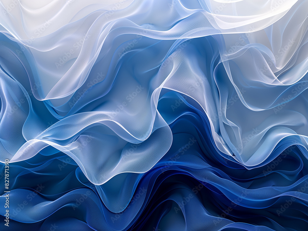 Fototapeta premium Close-up of light blue, wavy fabric layers with a silky texture, creating an undulating pattern that evokes an oceanic feel