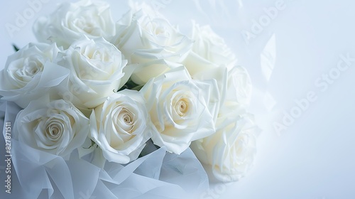Bouquet of white roses wrapped in delicate tissue paper against a white background  their timeless beauty captured in a minimalist composition.