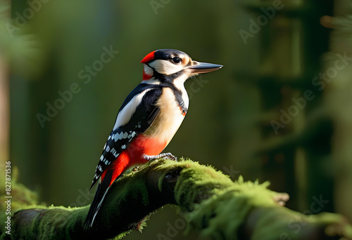 A great spotted woodpecker perched on a branch covered in moss. photo