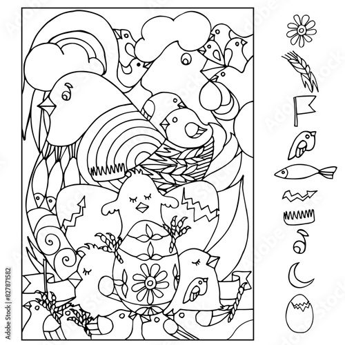 Find and color hidden objects. Hen with cock and little chickens. Birds. Easter. Poultry farm. Coloring page. Game Puzzle for children. Sketch vector illustration